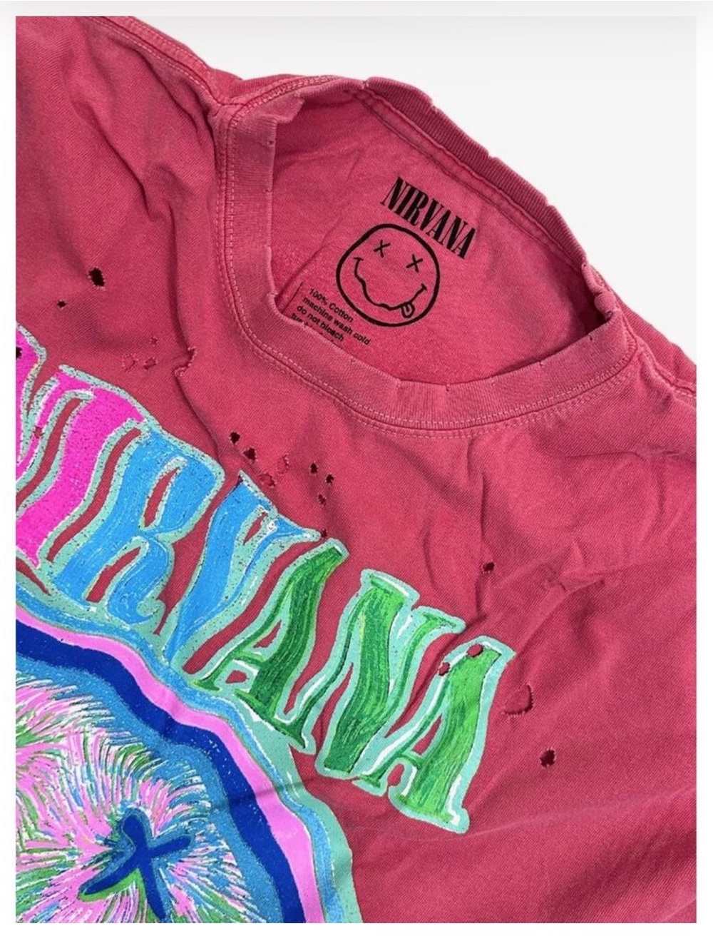 NWT Urban Outfitters NIRVANA Neon Smiley Graphic Tee - Rose Pink sz S/M